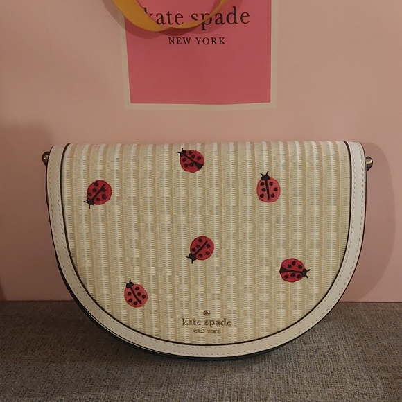 kate spade Handbags - Kate Spade Luna Embroidered Ladybug Straw Crescent Crossbody Bag
